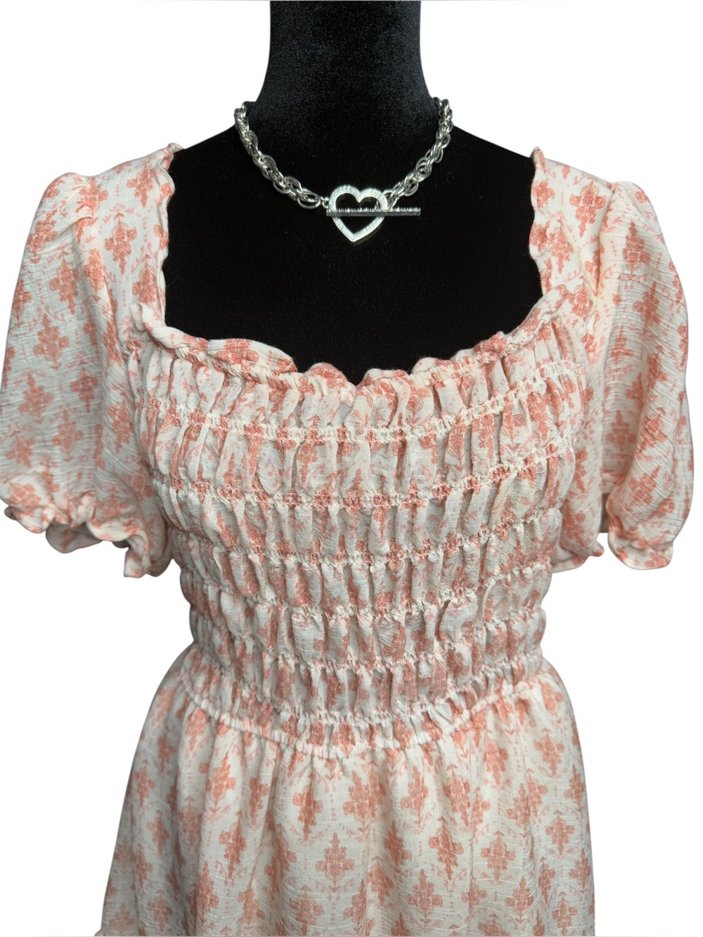 Mine smocked puff sleeve mini dress pink cream boho cottagecore size L - Picture 5 of 7